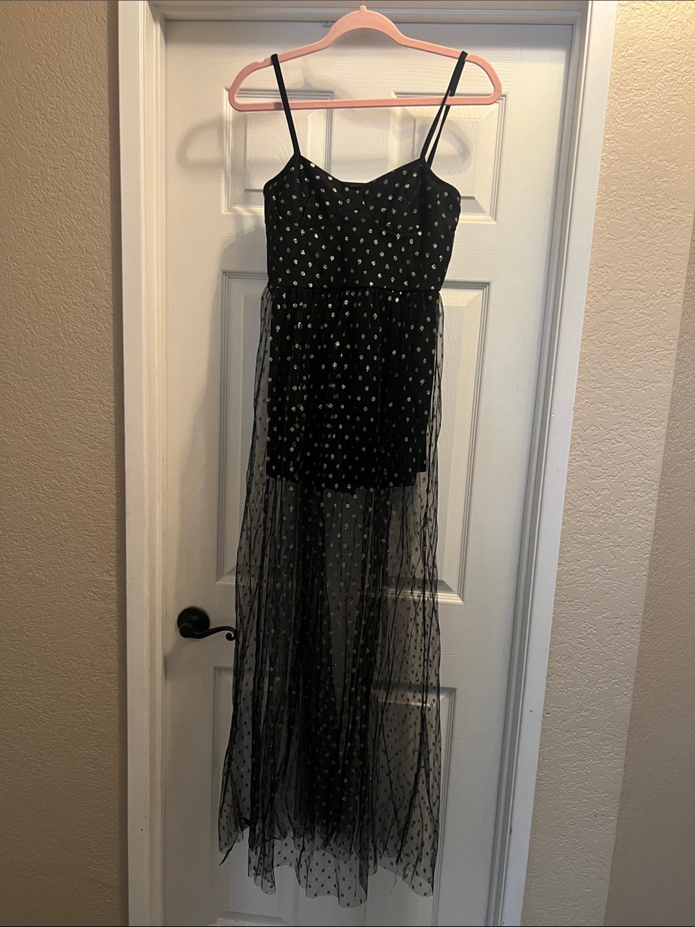 Black Sheer Polka Dot Maxi Dress with Spaghetti Straps